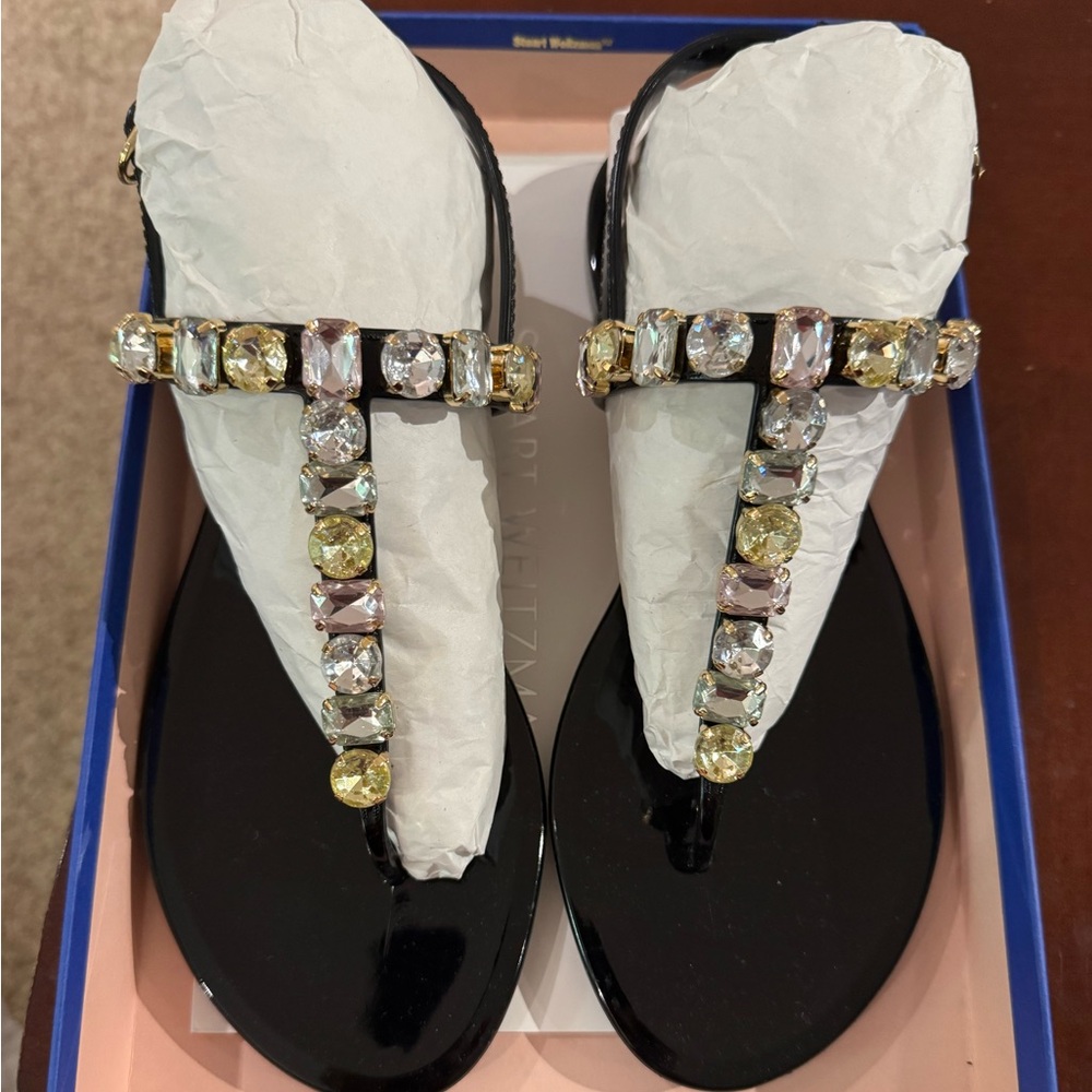 Stuart Weitzman Black T-strap Jeweled Sandals with Clear and Pale Yellow Gems